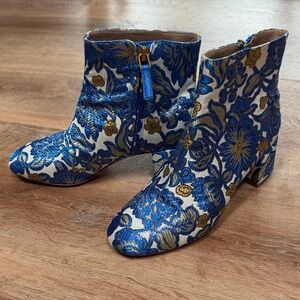 Tory Burch Floral Blue and Gold Ankle Boots